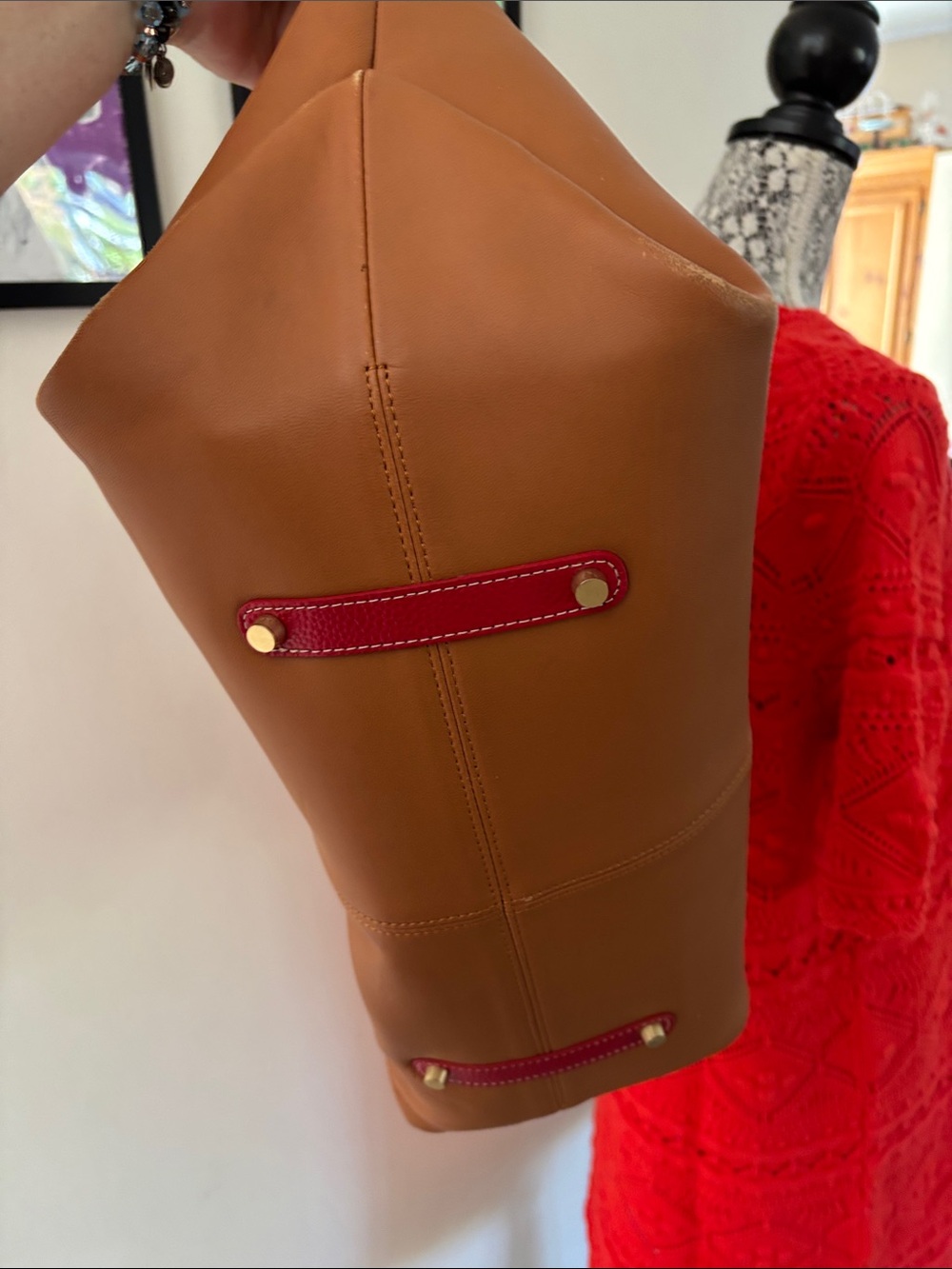 J. McLaughlin Bamboo-Handle Shoulder Chestnut Brown Tote Bag-Gorgeous! - Picture 6 of 13